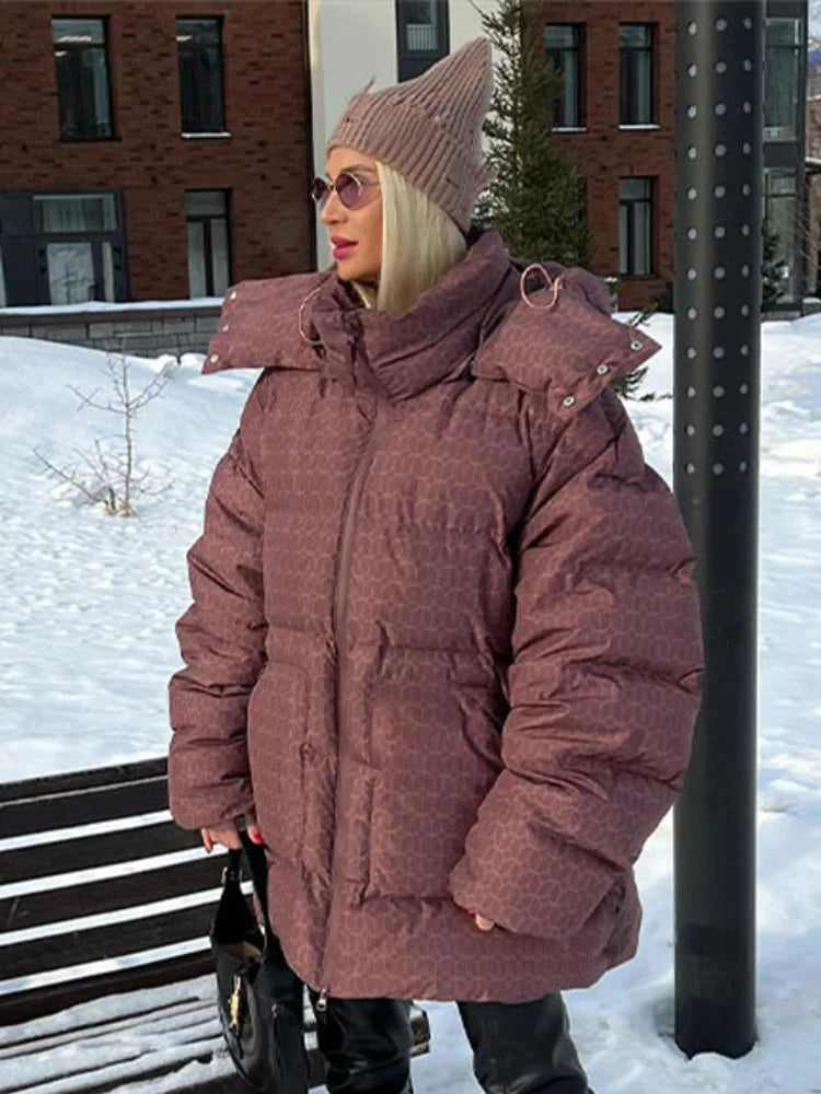 Print Puffy Women Winter Coats Casual Hooded Zipper Pocket Parkas Padded Jackets Vintage Lightweight Lady New In Outerwear