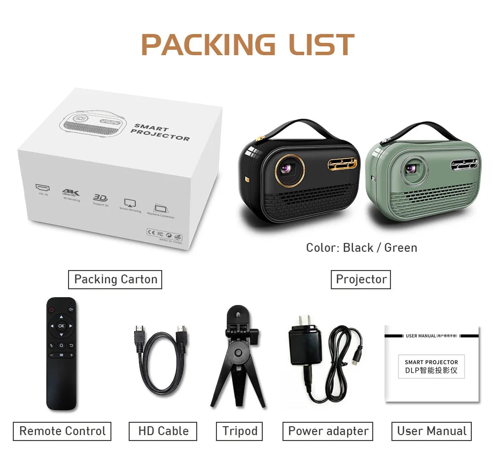 Mini Portable Projector Home Theater 4K 3D DLP Android Smart Ceiling Car Outdoor Wifi Bluetooth Mobile Battery Rechargeable LED