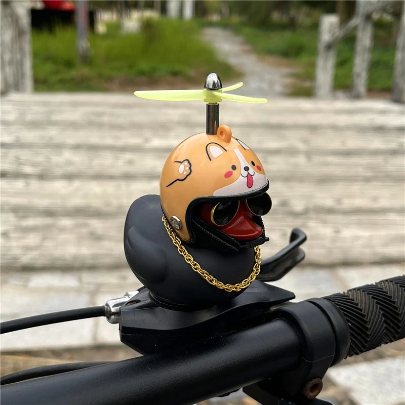 Duck Car Ornaments, Black Duck Car Dashboard Decorations Squeeze Duck Bicycle Horns with Propeller Helmet for Sport Outdoor