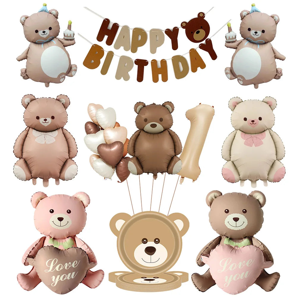 Coffee Brown Teddy Bear Balloon Number Heart Balloon set kid Birthday Party Decoration Baby Shower wedding Valentine's Day decor