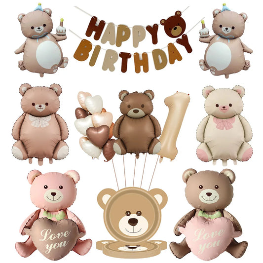 Coffee Brown Teddy Bear Balloon Number Heart Balloon set kid Birthday Party Decoration Baby Shower wedding Valentine's Day decor