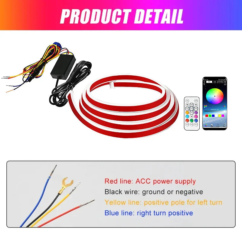 RGB Car LED Hood Lights Strip Dynamic Neon DRL Scan Start Sequential LED Daytime Running Lights with Turn Signal App Control