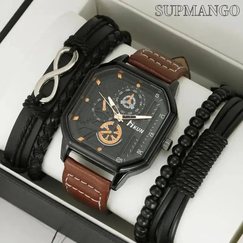 NEW Alloy Men Quartz Watches Leather Strap Big Dial Student Square Sports Watch Cool Black Men's Watch Waterproof Wristwatch