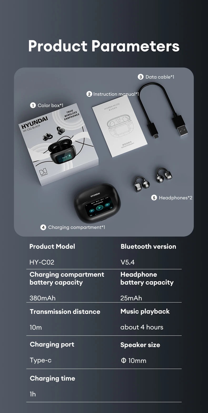 HYUNDAI HY-C02 Ear Clip Screen Display Earphones Wireless Bluetooth Headphones  Mic High Sound Stereo Sound Earbuds