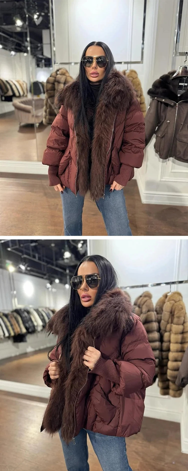Puffer Coat Women Knit Sleeve Real Fur Coat New Winter Large Real Raccoon Fur White Duck Down Jacket Oversized Feather Parka