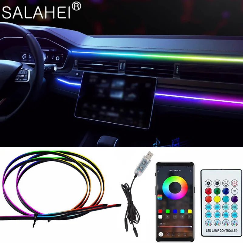 USB 64 Colors Acrylic Strips LED Atmosphere Light 110cm Full Color RGB Lamps Car Interior Hidden App Remote Control Ambient Lamp