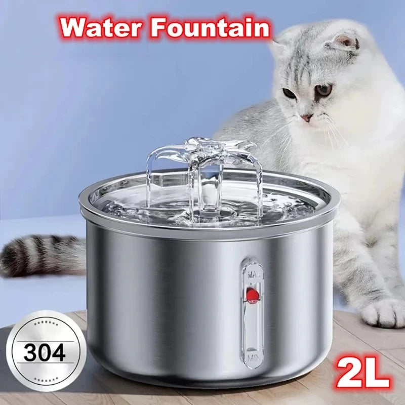 2L Capacity Stainless Steel Automatic Water Feeder Cat Fountain Filter for Dogs Rabbit Pet Smart Water Drinker Dispenser