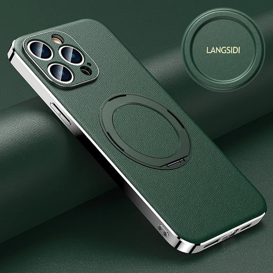 LANGSIDI leather Magnetic Ring Holder phone case For iPhone 15 13 12 14 Pro Max Wireless Charging lens Protective magsafe cases