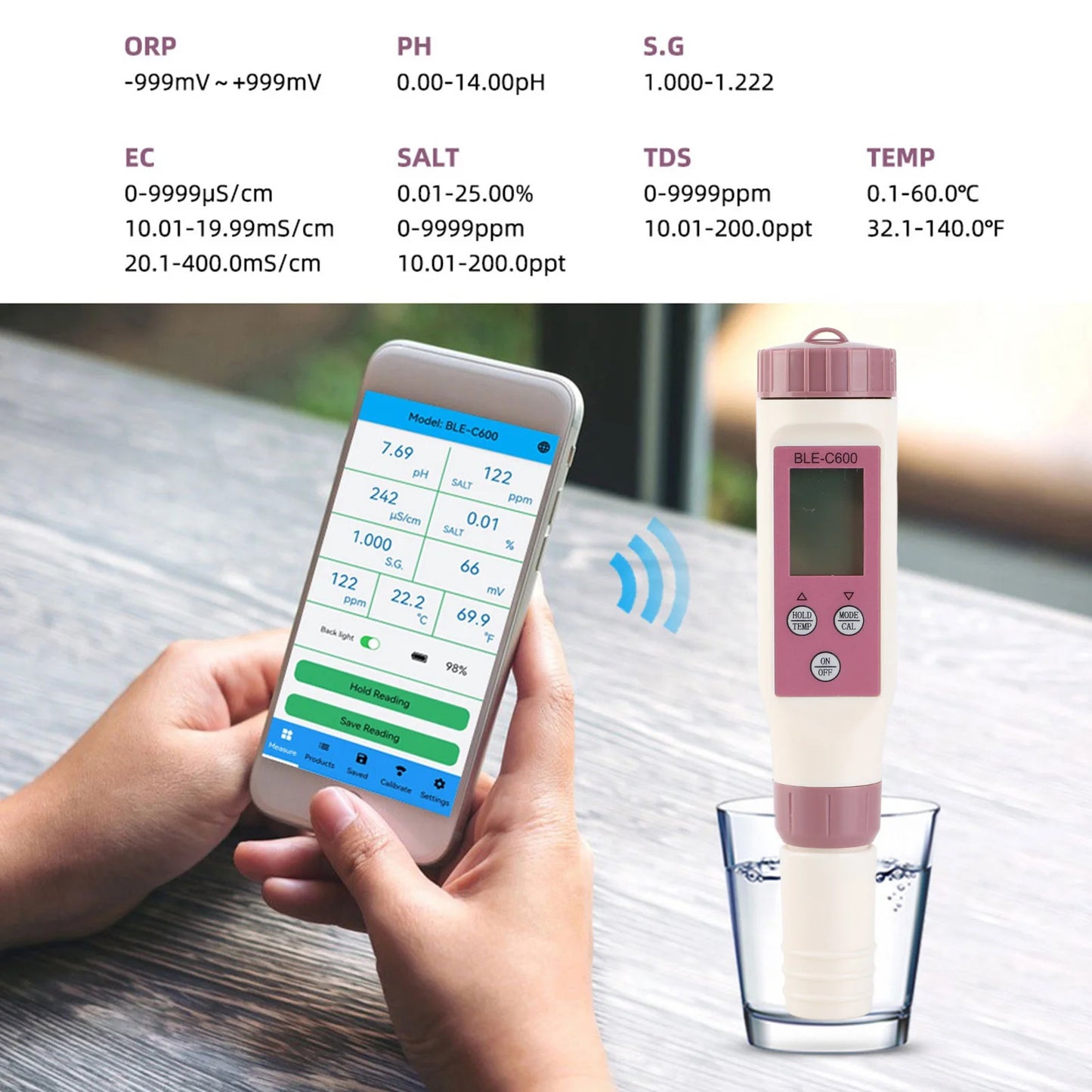 Water Quality Detection Pen Smart 7 in 1 High Sensitivity Probe Bluetooth PH TDS EC ORP SG Salinity Temperature Meter