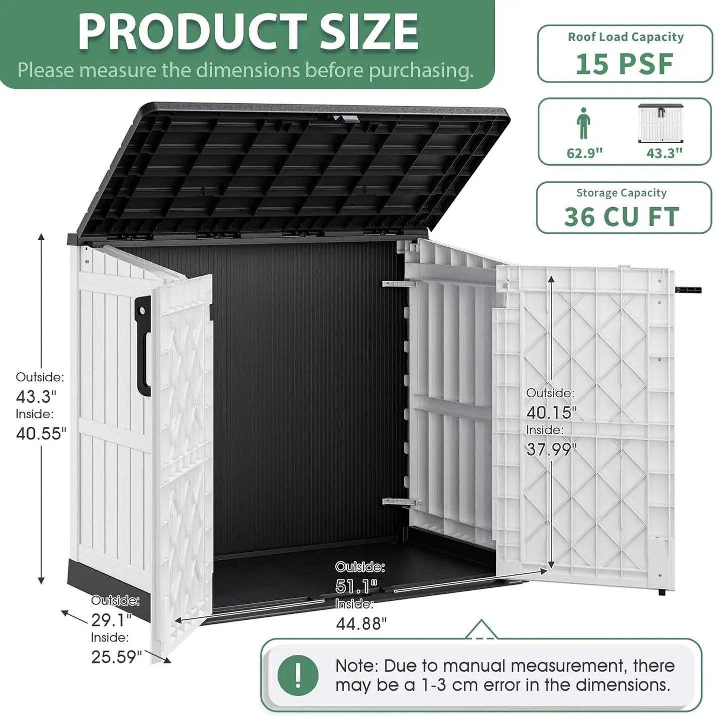 Outdoor Storage Cabinet 36 Cu Ft with Lockable Doors, Portable Horizontal Resin Storage Shed -Easy to Assemble,, Custom