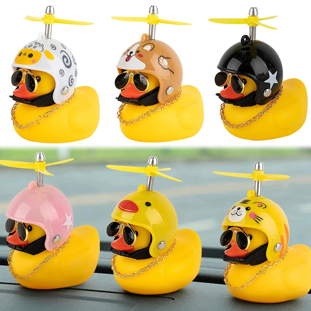 Rubber Duck Toy Motorcycle Bicycle Car Ornaments Yellow Duck Car Dashboard Decorations Cool Glasses Duck with Propeller Helmet