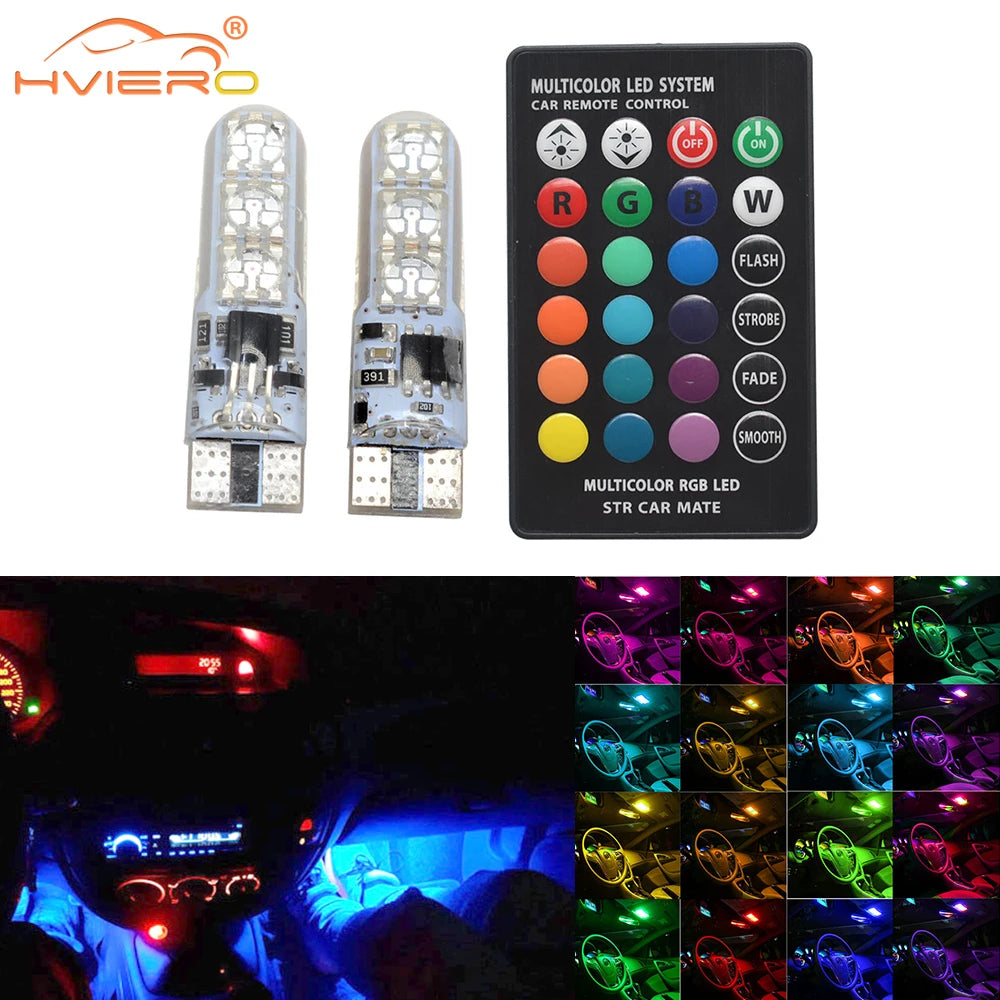 New T10 5050 6SMD DC 12V Waterproof W5W Remote Controller RGB 194 168 Dome Light Silicone Wedge Side Car Signal Atmosphere Bulb