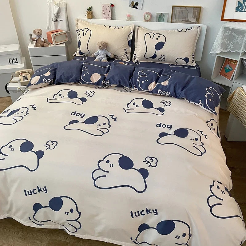 Kawaii Dog Printed Bed Set Floral Duvet Cover Pillowcase Bedding Set Cute Bed Sheet Quilt Cover Single Queen King Size 3/4 Piece