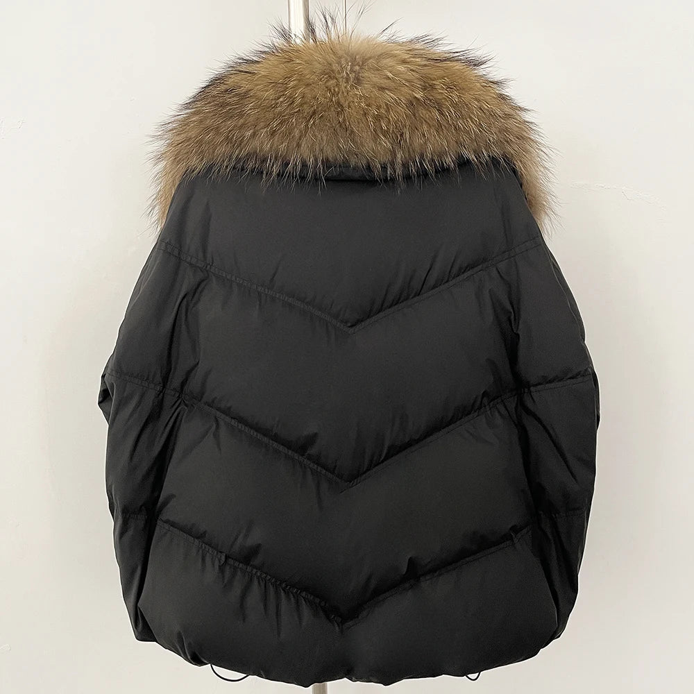 Puffer Coat Women Knit Sleeve Real Fur Coat New Winter Large Real Raccoon Fur White Duck Down Jacket Oversized Feather Parka