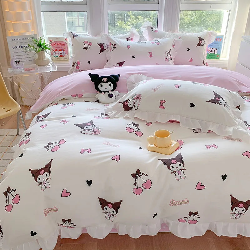 Sanrio Kids Bedding Set Kuromi Cinnamoroll Mymelody Duvet Cover Bed Sheet Pillowcase Bedsheet Double Single King Queen Twin Size