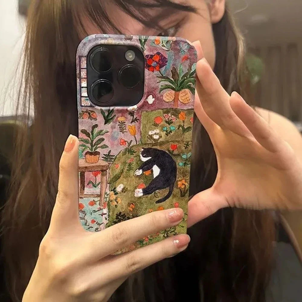 Ins style oil painting flowers cat Phone Case for iPhone 16 15 14 13 12 11 Pro Max XS XR XSMax 7 8 Plus Glossy HD Hard PC Cover