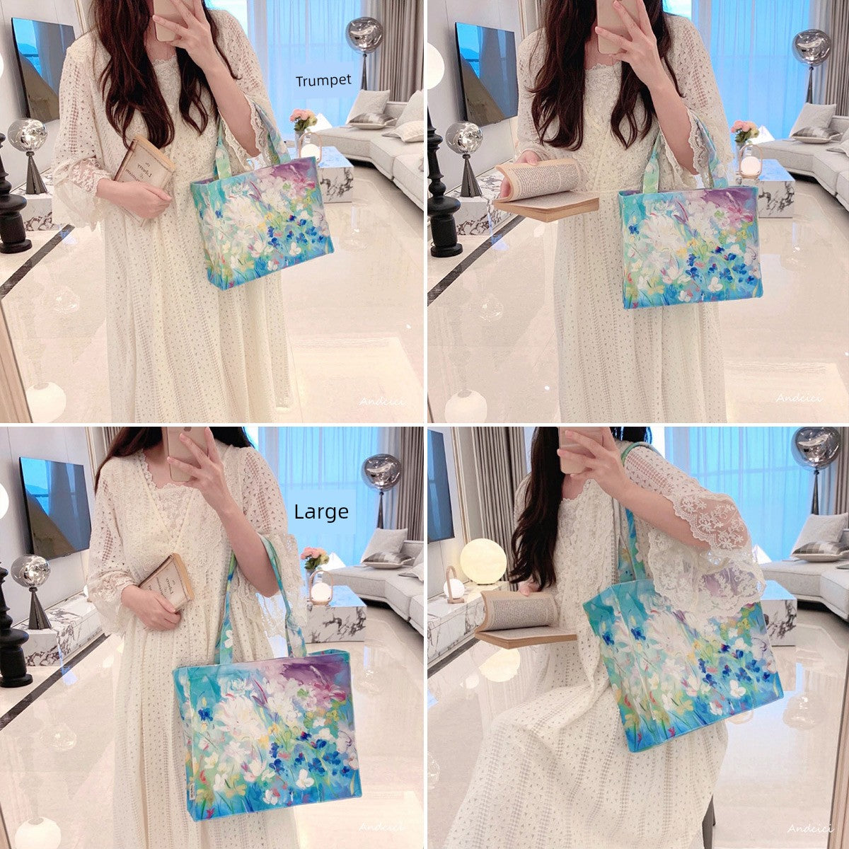 Andcici ◆ Flower Haiyuntang ~ Large Capacity Shoulder Bag Work Clothing Work Satchel Women's Bag Canvas Bag Student Schoolbag