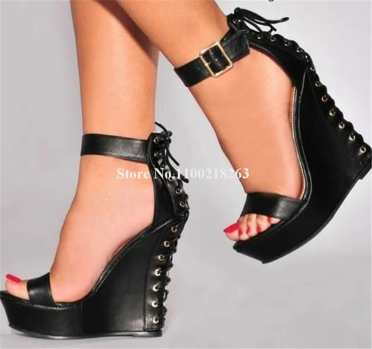 Women Summer Fashion High Platform Wedge Sandals Black Red Blue Open Toe Back Lace-up Ankle Strap High Heel Wedges Big Size