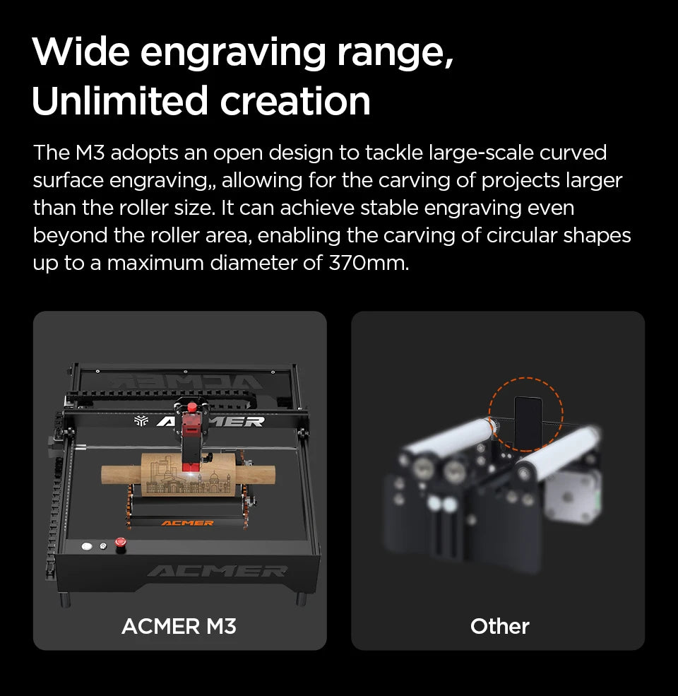 ACMER M3 Rotary Roller for 95% Laser Engraver Y-axis 360° Rotating 6-164mm Engraving Diameter Ideal for Cylindrical Objects