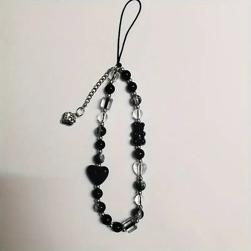 Black Strawberry Bear Love Phone Chain Charm Wrist Strap Keycord Cellphone Lanyard Girl Keychain Mobile Phone Case Hanging Chain