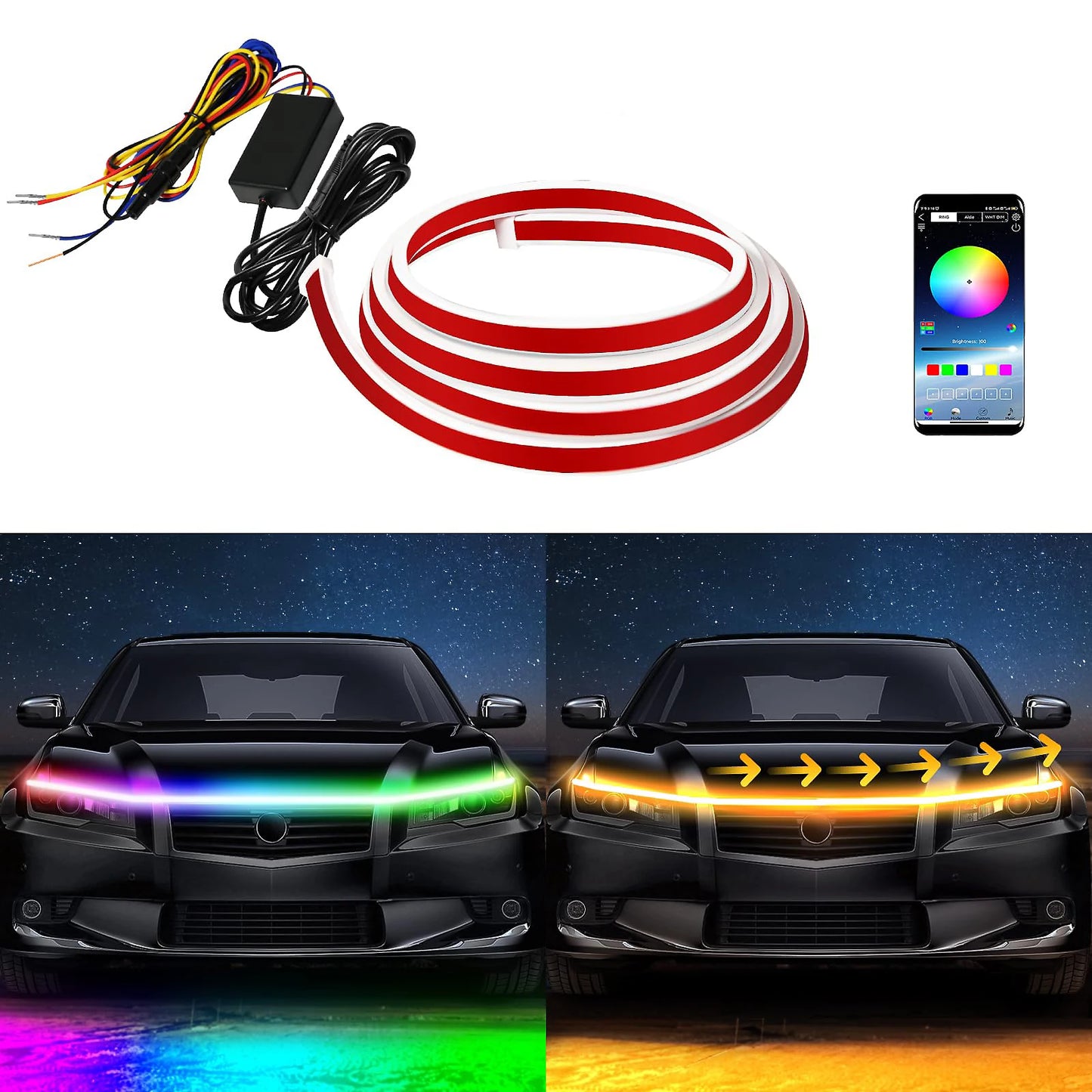 RGB Car LED Hood Lights Strip Dynamic Neon DRL Scan Start Sequential LED Daytime Running Lights with Turn Signal App Control