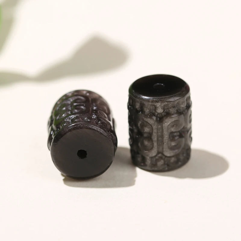 1 Pc Natural Silver Obsidian Carved Patterned Cylindrical Shape Bead For Jewelry Making Diy Necklace Bracelet Accessory Pendant