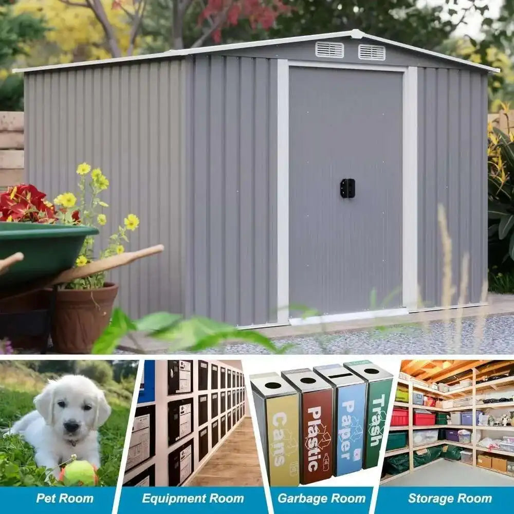 6Ft X 8Ft Outdoor Metal Storage Shed, Garden Shed Tool House With Lockable Double Doors & Vents