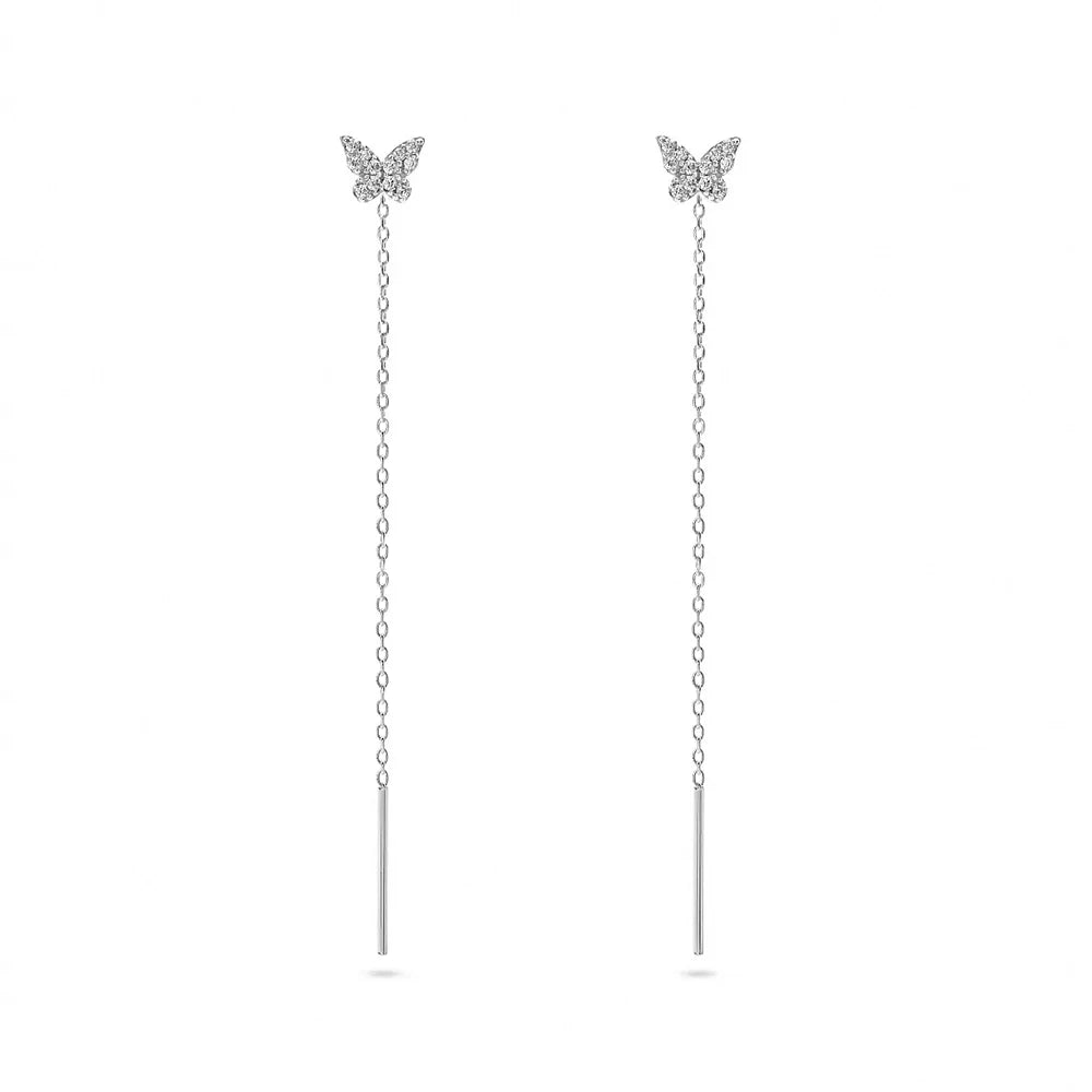 Aide 925 Sterling Silver Shiny CZ Zircon Butterfly Stud With Long Chain Tassel Pin Front Back Dangle Earrings For Women Party