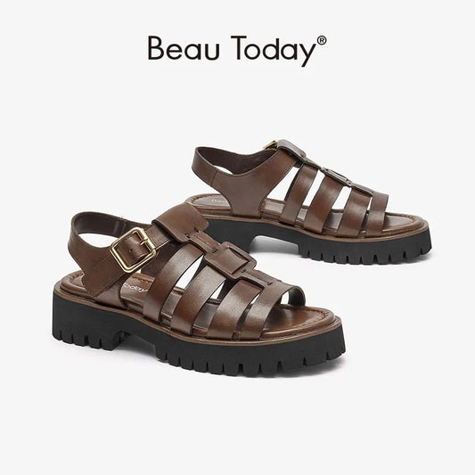 BeauToday Gladiator Sandals Women Cow Leather Open Toe Slingback Metal Buckle Strap Platform Casual Summer Female Shoes 38207