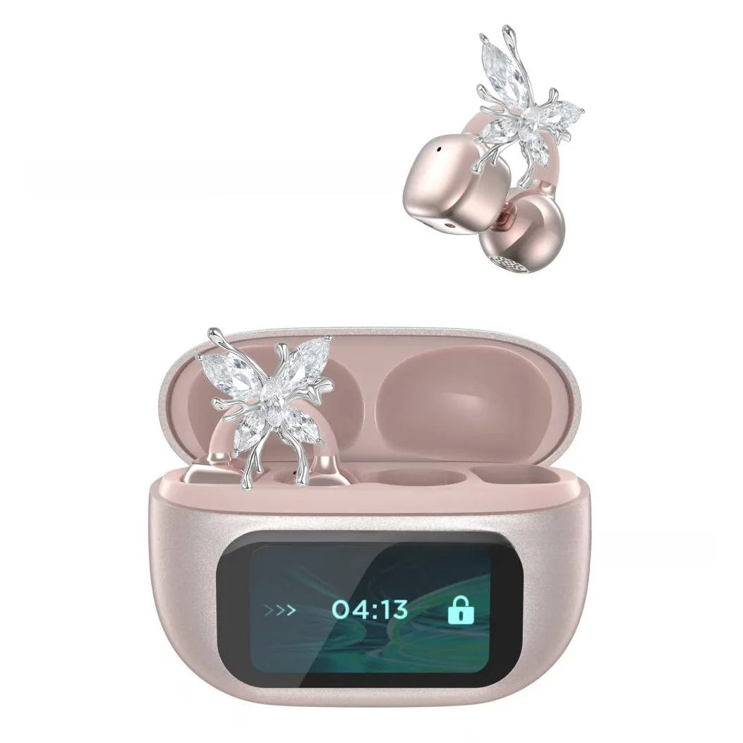 Butterfly Earrings Bluetooth 5.4 Headphone AI Translator Long Battery Life Touch screen Clip on Jewelry Earphones For Girls Gift
