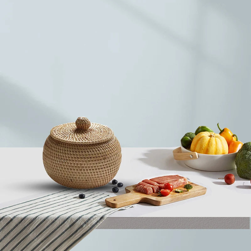 Wicker Storage Basket With Lid Round Fruit Basket Natural Rattan Lightweight Hand-Woven Storage Basket Home Sundries Snack Box