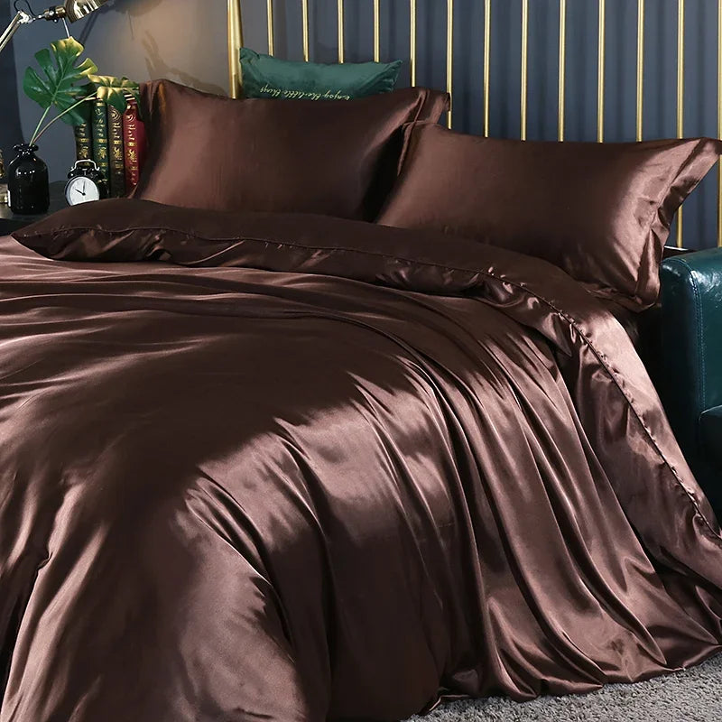 Silk Bedding Set with Duvet Cover Fitted/Flat Bed Sheet Pillowcase Luxury Satin Bedsheet Solid Color King Queen Twin Size