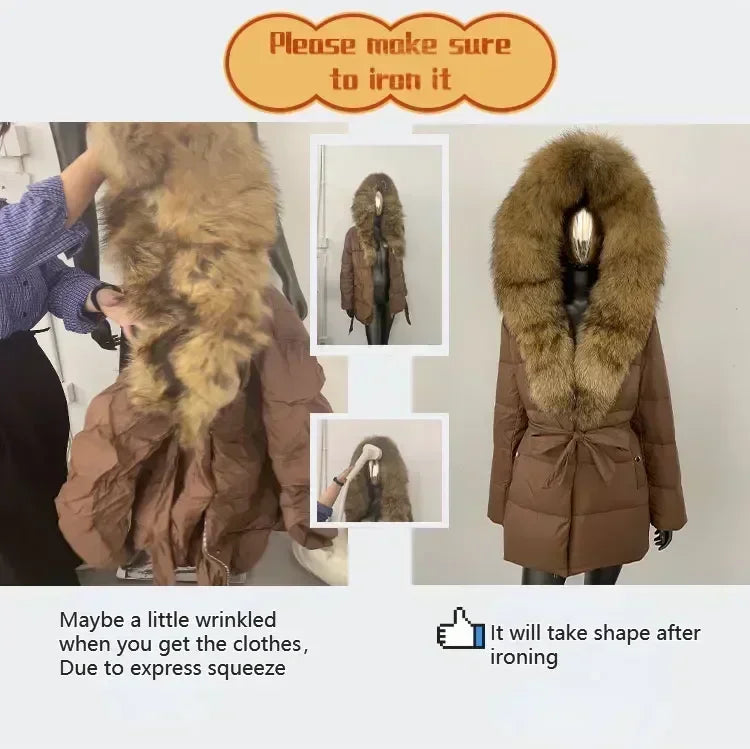 Puffer Coat Women Knit Sleeve Real Fur Coat New Winter Large Real Raccoon Fur White Duck Down Jacket Oversized Feather Parka