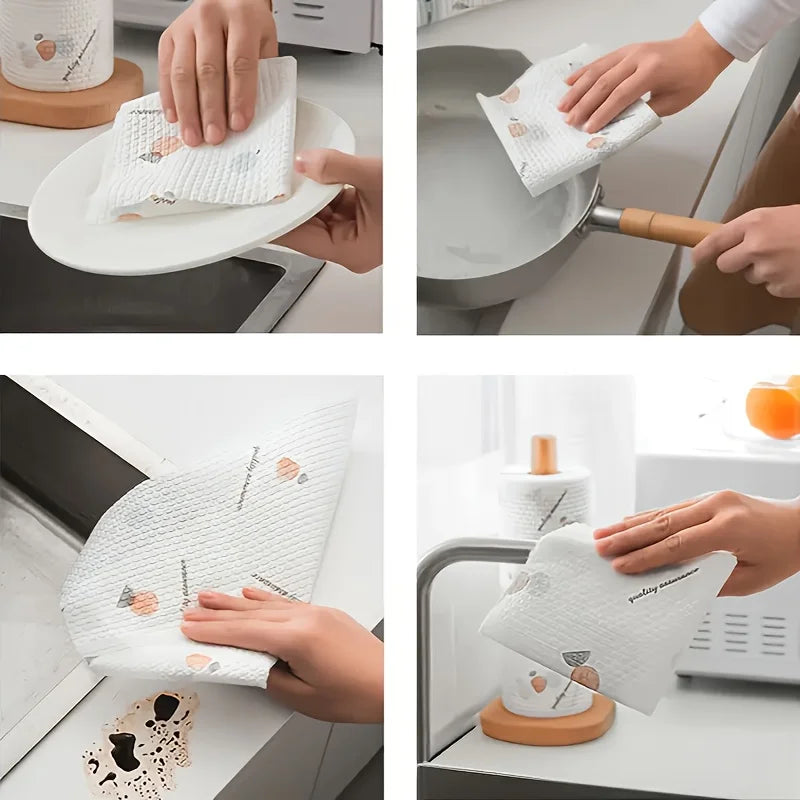 1roll 50pcs Disposable Kitchen Paper Towel, Random Pattern Reusable Washable Cloth for Dishwashing, Cleaning & Oil Absorption