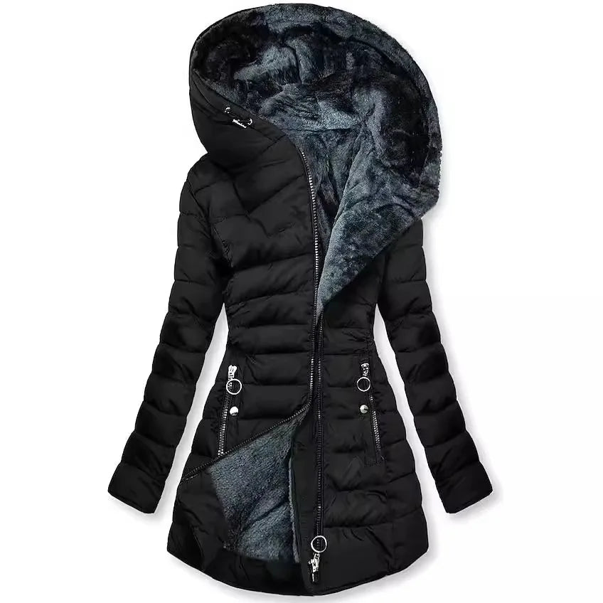 Winter Coat Warm Hair Collar Cotton Jacket Women Zipper Long-sleeved Slim Cotton Coat Jacket Hooded Coats Thick Fleece