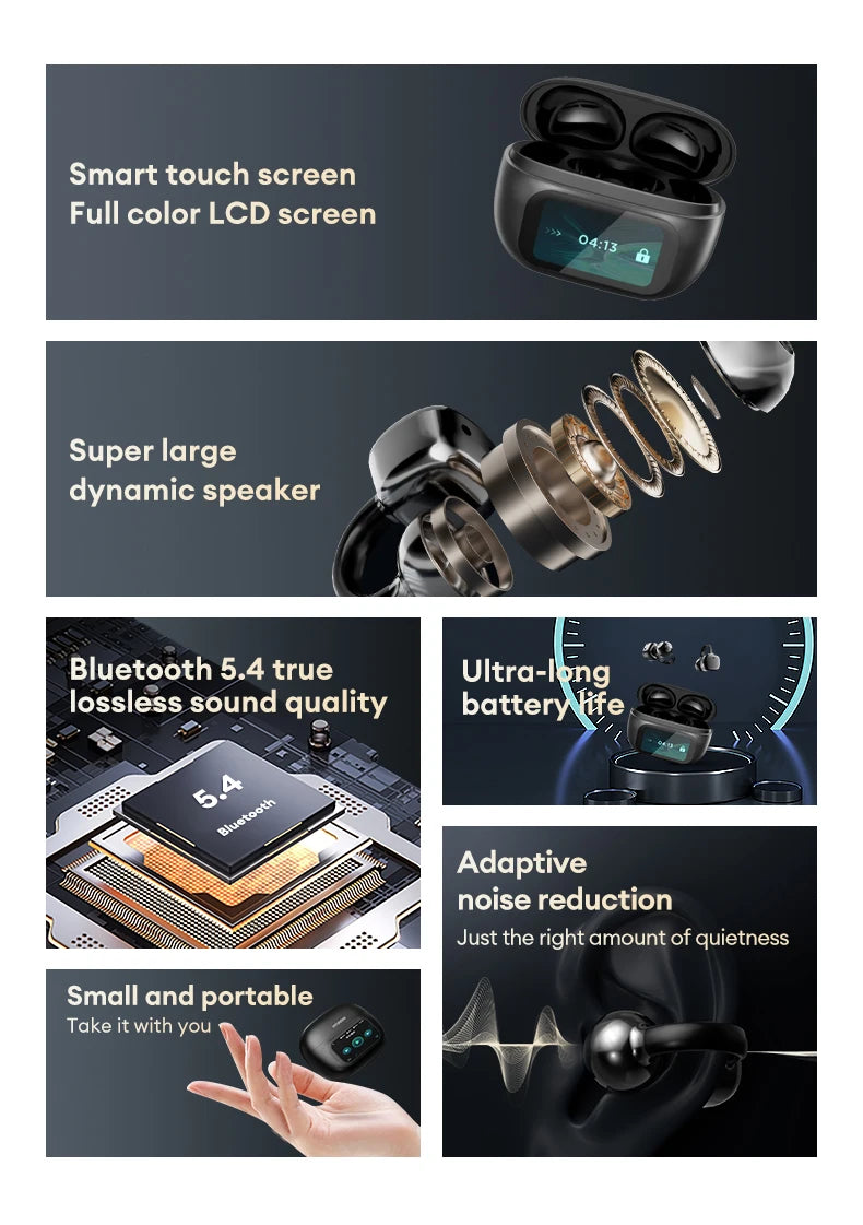 HYUNDAI HY-C02 Ear Clip Screen Display Earphones Wireless Bluetooth Headphones  Mic High Sound Stereo Sound Earbuds