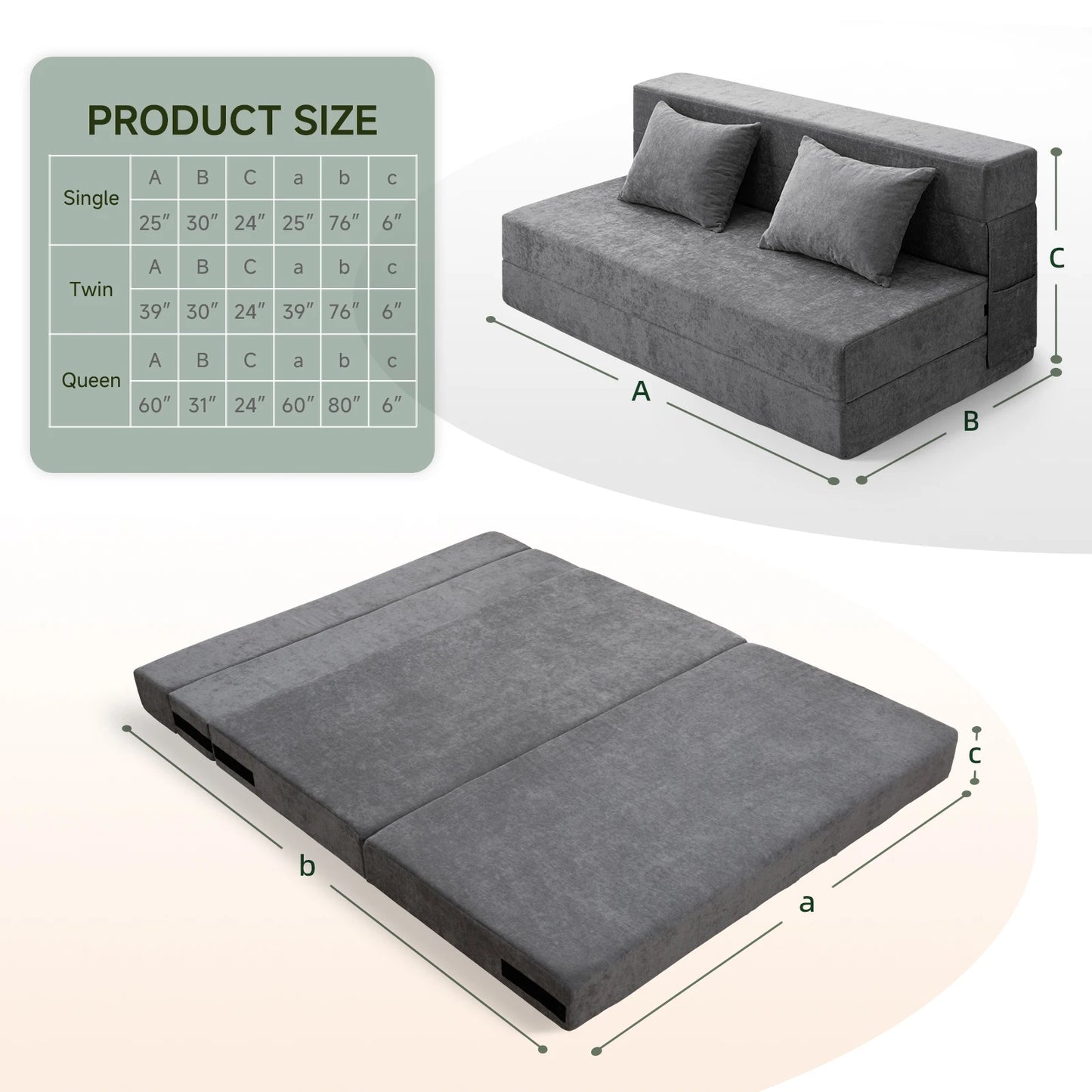 Orhopui Folding Sofa Bed-Convertible Sleeper Chair With Pillow, Fold Out Couch, ,Living Room/Dorm/Guest Room/Home Office, Gray