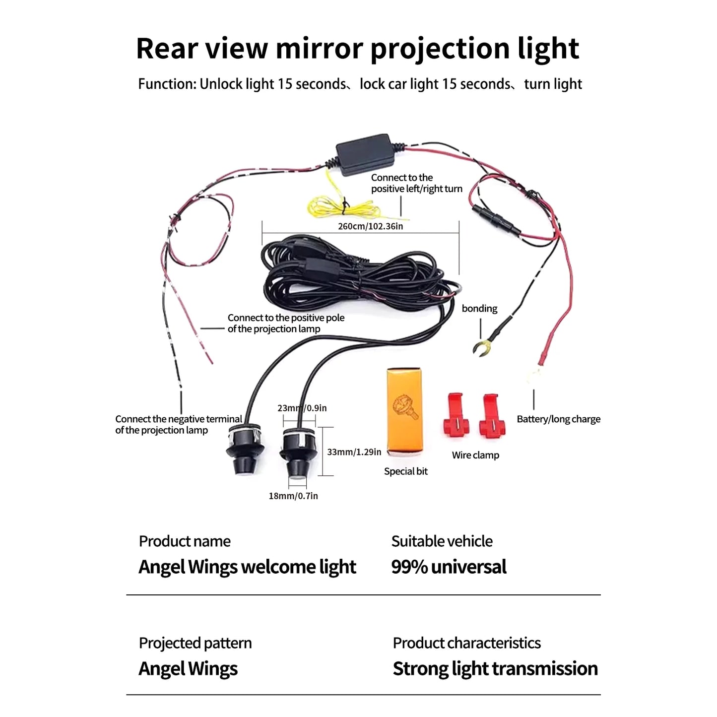 Universal Modified LED Rearview Mirror Angel Wing Welcome Light Suitable for Mercedes Benz BMW Porsche Volkswagen Honda Toyota