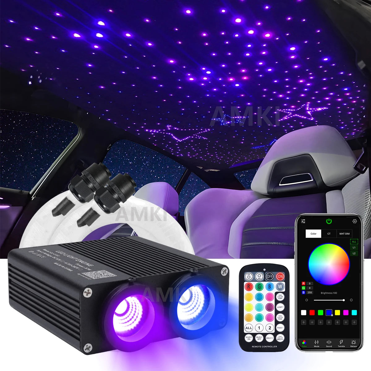 32W Dual color RGBW  Car Starry Sky Ceiling Light kit Car accessories Interior APP Music Car Roof Stars Fiber Optic Light