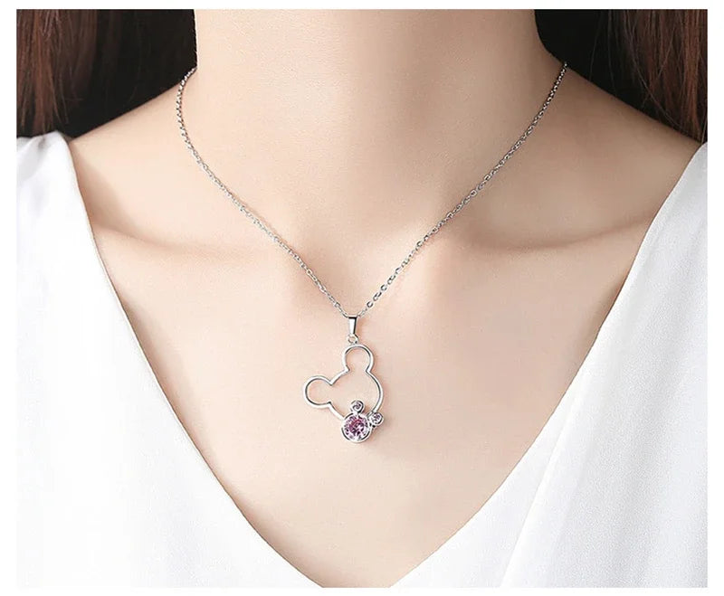 Disney Rose Silver Color Mickey Mouse Necklace for Girls Anime Clear Pink Crystal Minnie Rings Women Jewelry Kids Birthday Gifts