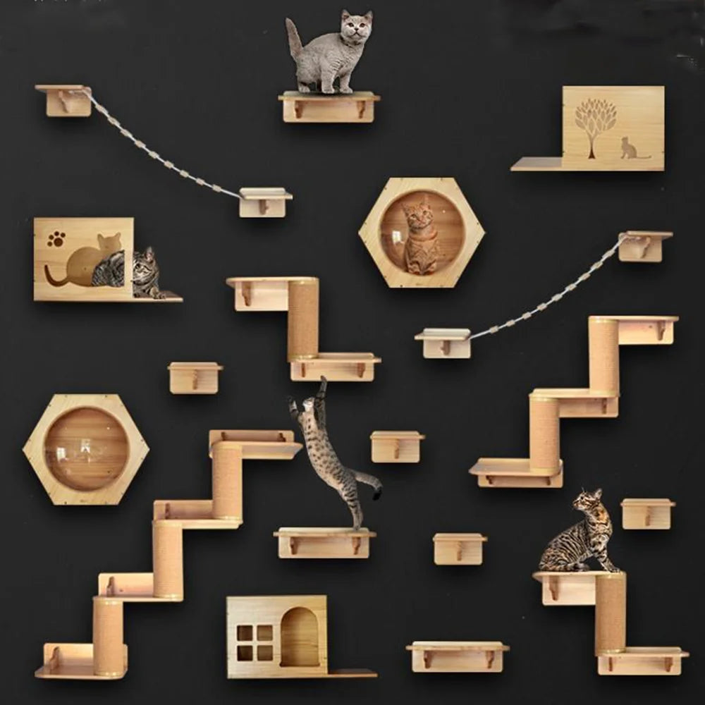 Wall Mounted Cat Shelves and Rope Ladder Scratching Post for Cat Furniture Wooden Jumping Platform Kitty Playing and Sleeping