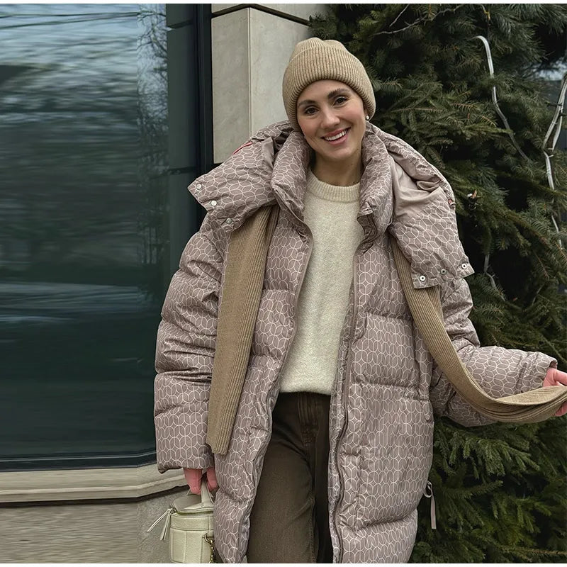 Print Puffy Women Winter Coats Casual Hooded Zipper Pocket Parkas Padded Jackets Vintage Lightweight Lady New In Outerwear
