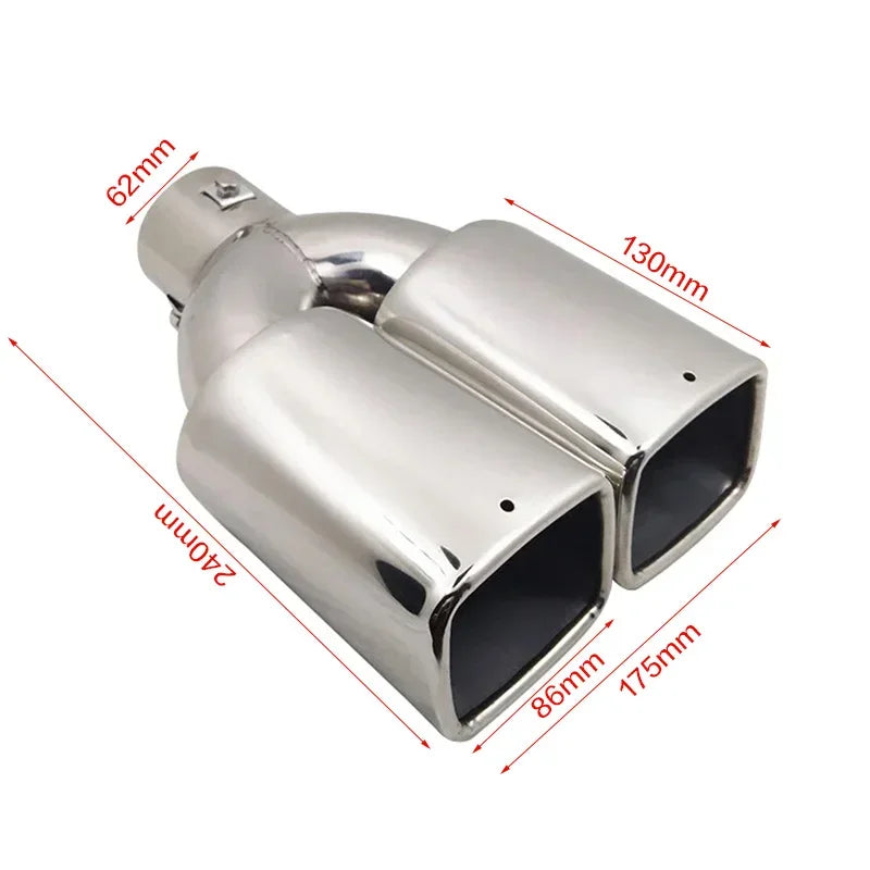 Exhaust Tip Universal Double Outlet Nozzle Rear Muffler Tip Stainless Steel Square Mouth Exhaust Pipe Muffler Inlet 60mm