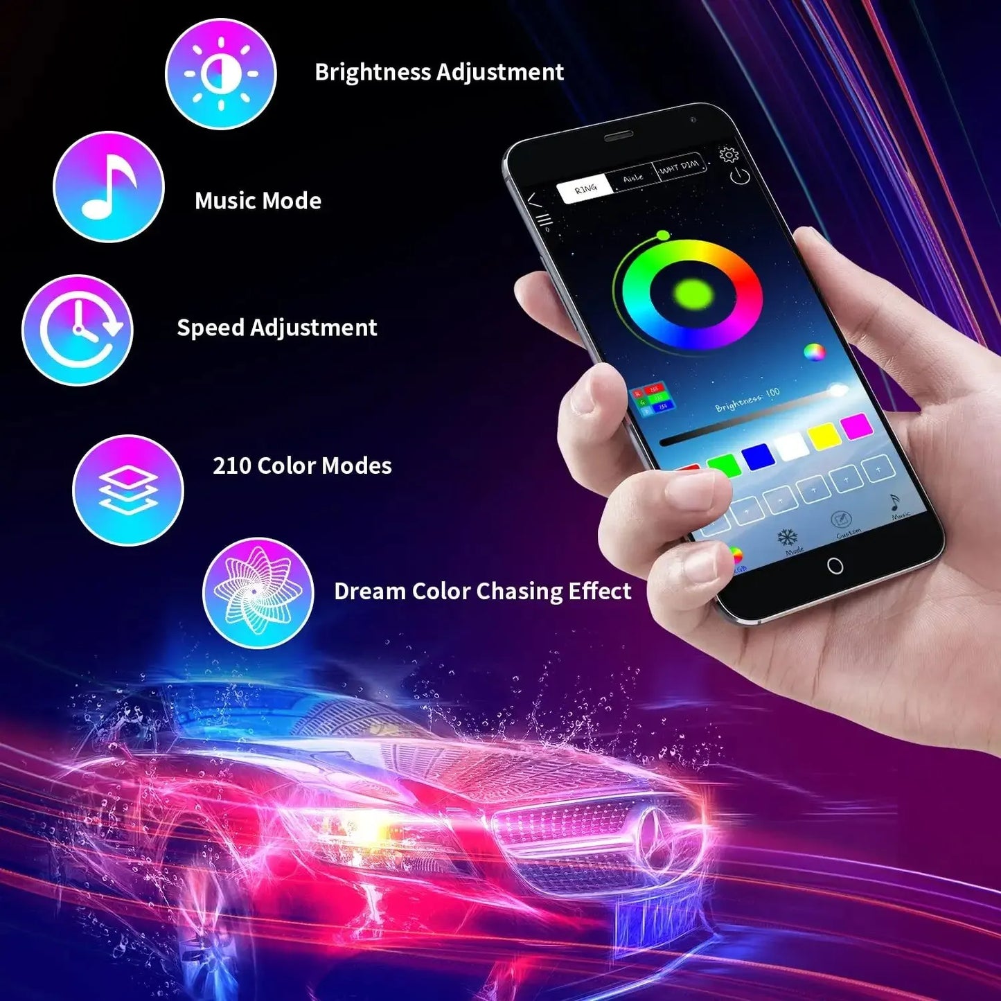 Car Flexible Underglow Strip Light LED Underbody Remote APP Control RGB Neon Lights Atmosphere Lamp for Auto Decoration