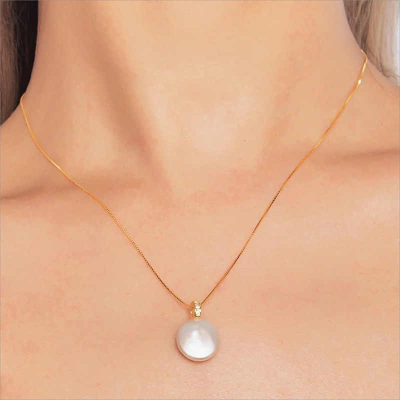 HENGSHENG Simple 12-13mm Freshwater Big Button Shape White Pearl 925 Sterling Silver Pendant Necklace For Women Girls Jewelry