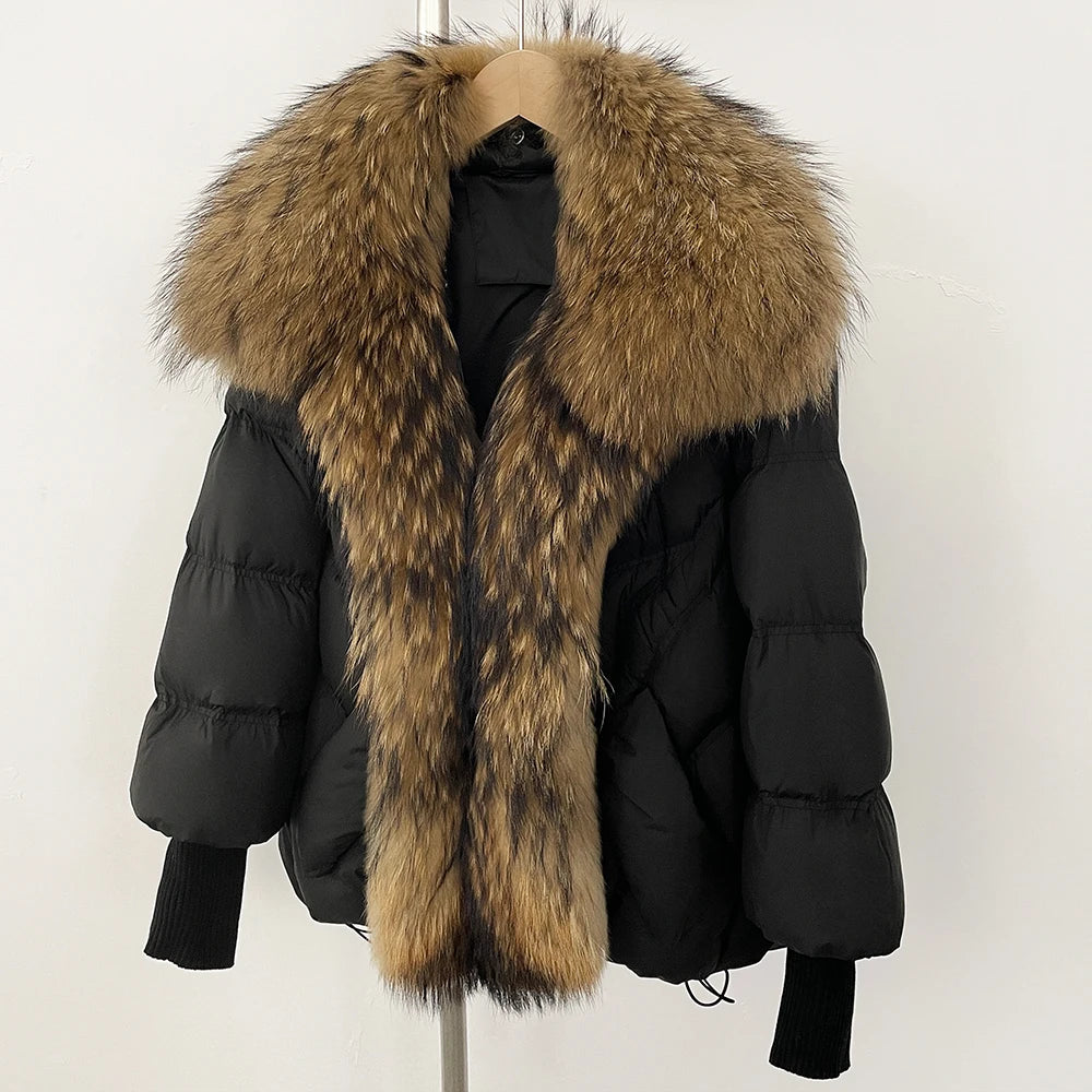 Puffer Coat Women Knit Sleeve Real Fur Coat New Winter Large Real Raccoon Fur White Duck Down Jacket Oversized Feather Parka