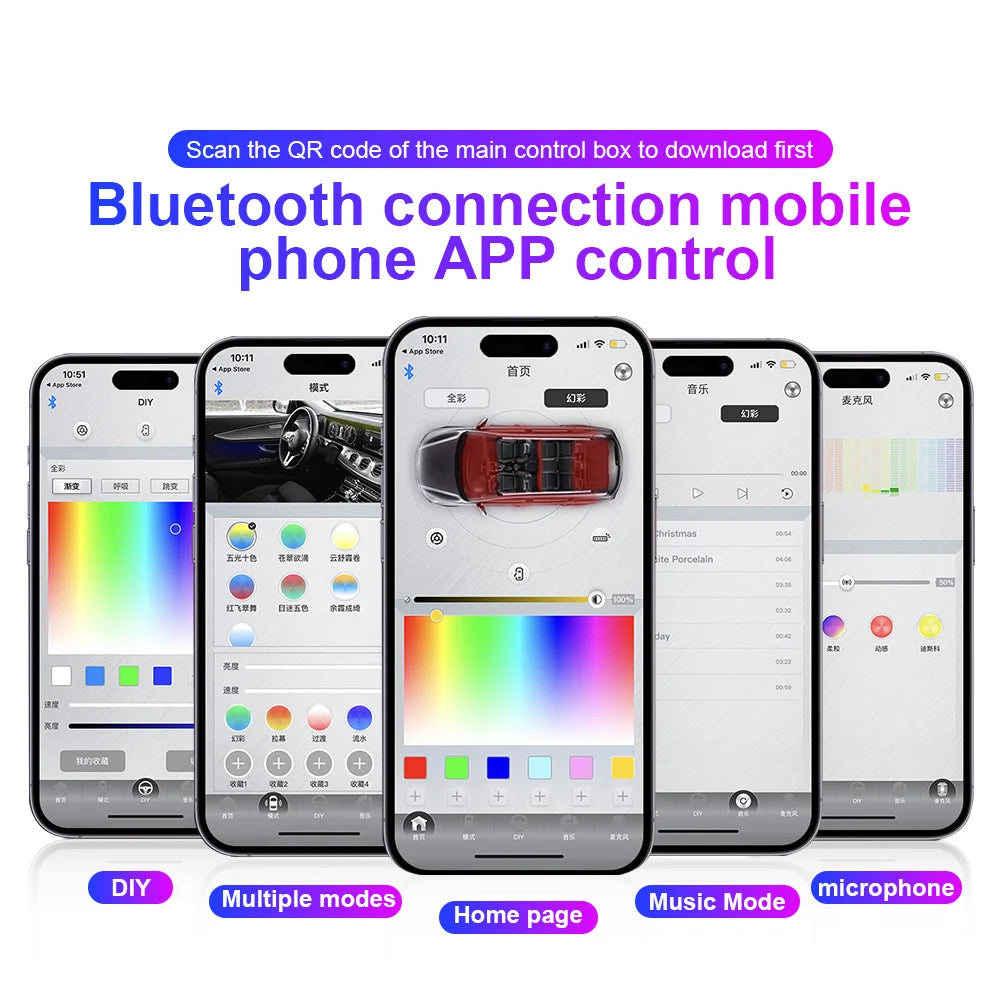 14/18/22 in 1 Car Atmosphere Light Symphony Rainbow RGB Neon 64 Colors App Bluetooth Interior Acrylic Ambient Lights Dual Zone