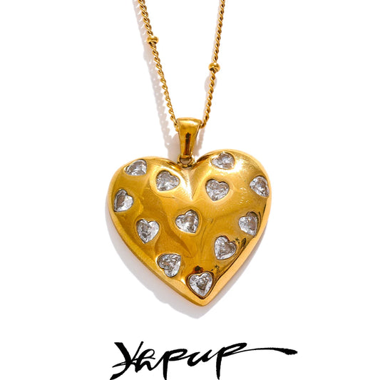 Yhpup Shiny Cubic Zirconia Heart Love Golden Necklace Pendant 316L Stainless Steel Romantic Premium Jewelry Waterproof