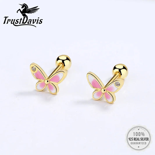 TrustDavis Real 925 Sterling Silver Fashion Sweet INS Butterfly Bear Screw Stud Earrings For Daughter Girls Fine Jewelry DG0013