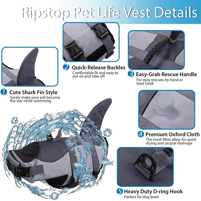 Dog Life Jacket Ripstop Shark Vests Shape Dog Lifesaver With Rescue Handle Pet Safety Swimsuit For Swimming Pool Beach Boating